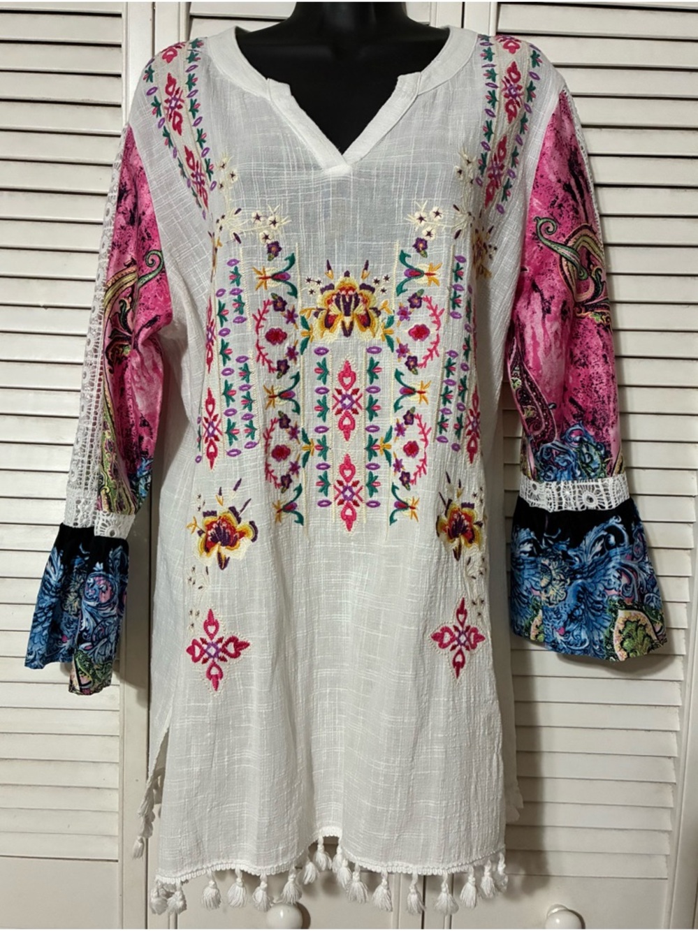Calessa Embroidered Boho Tunic Dress with Colorful Sleeve and lace Panels